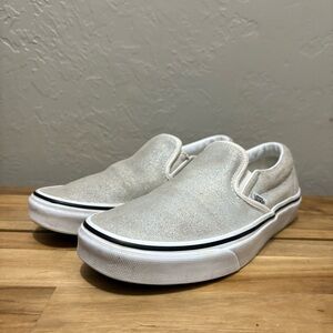 Champagne Shimmer Suede | Vans Slip ons Women’s 7.5 | Neutral Skate Shoes|